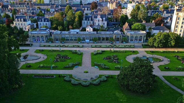 Approaching aerial movement to the Parc du Thabor with botanical gardens, Rennes, France.