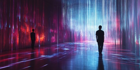 Obraz premium a man standing in a dark room with a neon light