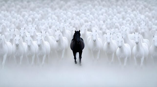 3w A massive herd of white horses, with one black horse standing out in the center. The scene is captured from an overhead perspective, showcasing over a thousand majestic and graceful pure-white hors