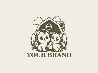Vector Logo of Cute Cats and Chickens Little Farm Friends, Farm Animal Character Designs, Cats and Chickens in the Wild