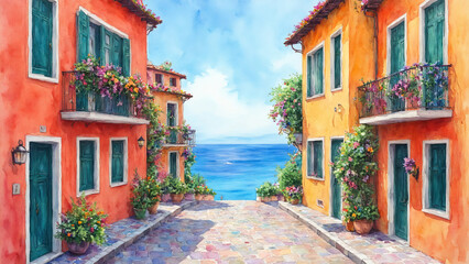 Obraz premium Vibrant watercolor of winding street in Italian coastal town by Ai