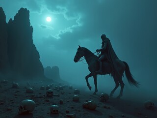Fototapeta premium A solitary rider on horseback traverses an eerie landscape under a haunting moonlit sky