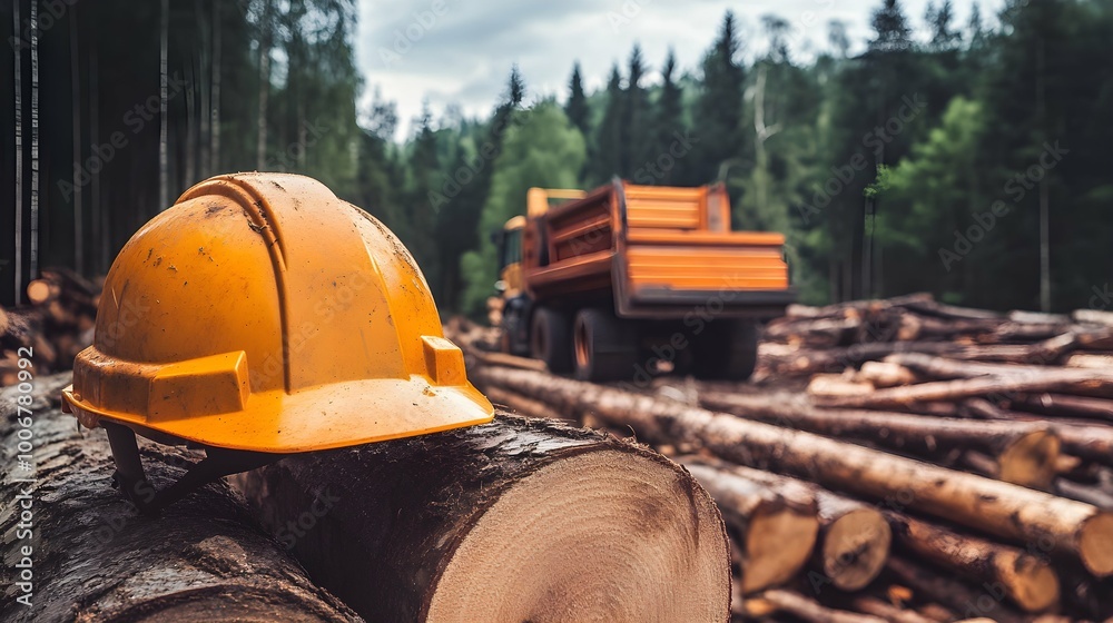 Wall mural Yellow Hard Hat Safety Helmet on Cut Timber Logs in Forest.