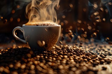 Steaming Black Coffee Cup with Roasted Beans on Rustic Wooden Table






