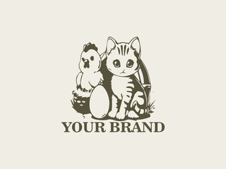 Vector Logo of Cute Cats and Chickens Little Farm Friends, Farm Animal Character Designs, Cats and Chickens in the Wild