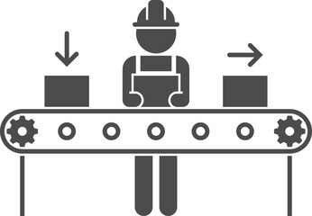 Factory workman on conveyor black icon. Production line