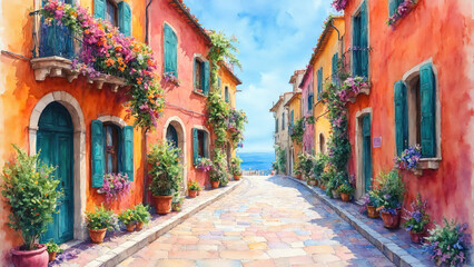 Fototapeta premium Vibrant watercolor of winding street in Italian coastal town by Ai