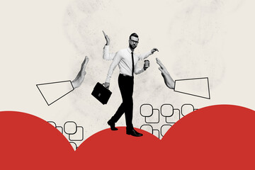 Composite photo collage of serious businessman walk hold briefcase coffee drink high five gesture...