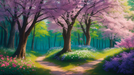 Fototapeta premium High quality beautiful natural green forest spring season with colorful flowers tree illustration background design.