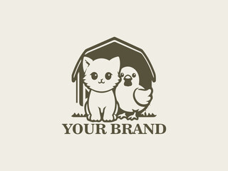 Vector Logo of Cute Cats and Chickens Little Farm Friends, Farm Animal Character Designs, Cats and Chickens in the Wild