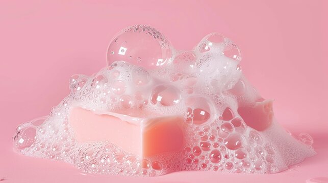 Bubbles and pink soap create a whimsical scene on a pastel pink surface, highlighting the playful nature of bath time and relaxation