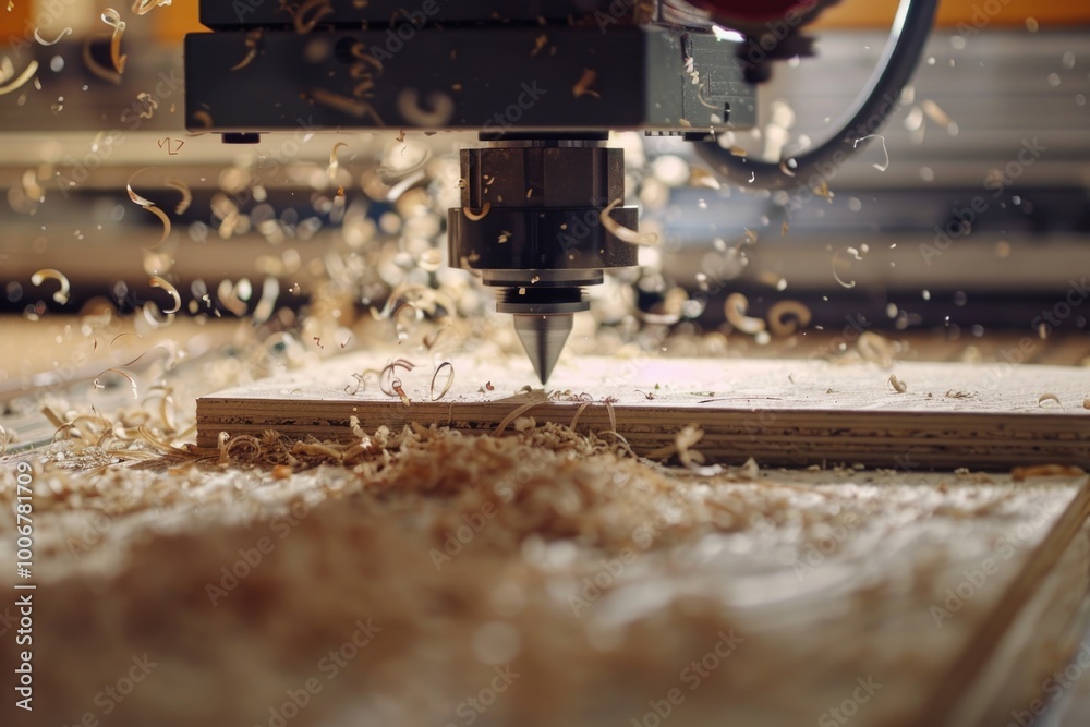 Poster machine cutting wood using a wooden block as a guide, ideal for use in illustrations about industry,