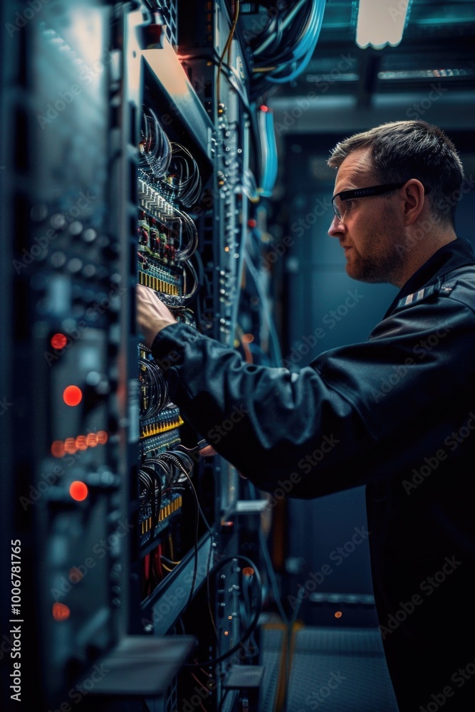 Aufkleber A person operates a computer in a data center or server room, likely for IT or administrative tasks