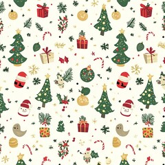 Naklejka premium Festive Christmas Seamless Pattern with Santa Claus, Gifts, and Holiday Decorations.