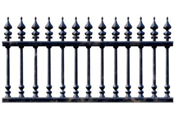 Decorative black metal fence with ornamental details, white isolate background transparent background