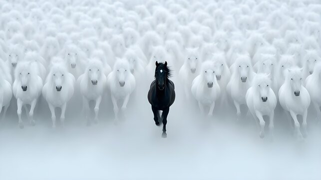 3w A massive herd of white horses, with one black horse standing out in the center. The scene is captured from an overhead perspective, showcasing over a thousand majestic and graceful pure-white hors