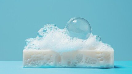 Obraz premium a soap bar with bubbles on top, centered and isolated against a solid blue background for easy removal. 