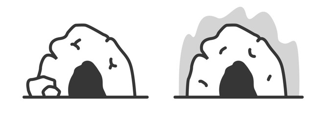 Rock cave icon simple line stroke vector graphic illustration set, canyon grotto sign symbol design isolated image clip art, hand drawn cavern tunnel flat cartoon cut out silhouette
