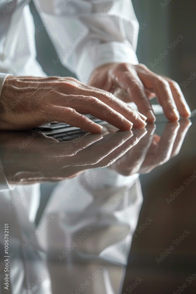 Poster close-up of a person holding a cell phone, possibly texting or browsing
