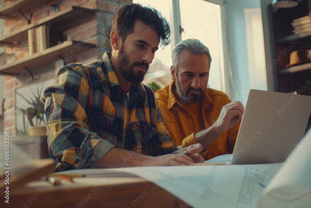 Poster two men sitting at a table looking at a laptop, possibly working or browsing