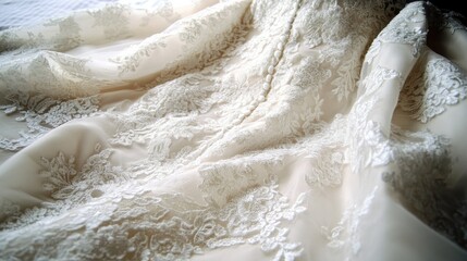 Obraz premium A close-up of a formal wedding gown with intricate lace details, beautifully arranged on a white background to highlight its craftsmanship and elegance.