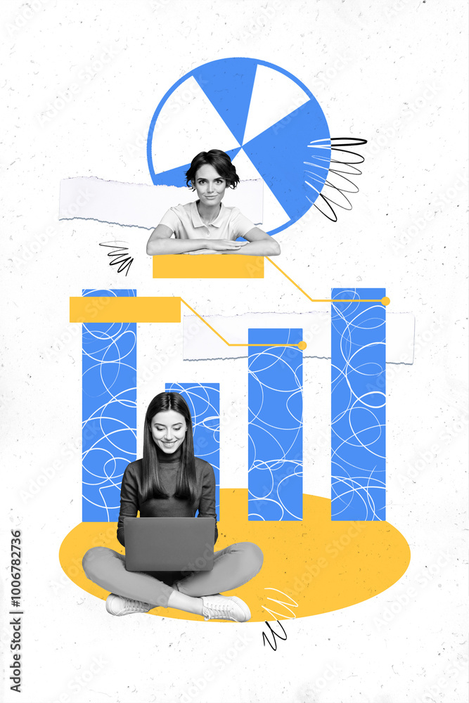 Aufkleber Composite collage image of teamwork trader businesswoman data analysis graph earn money bizarre unusual fantasy billboard