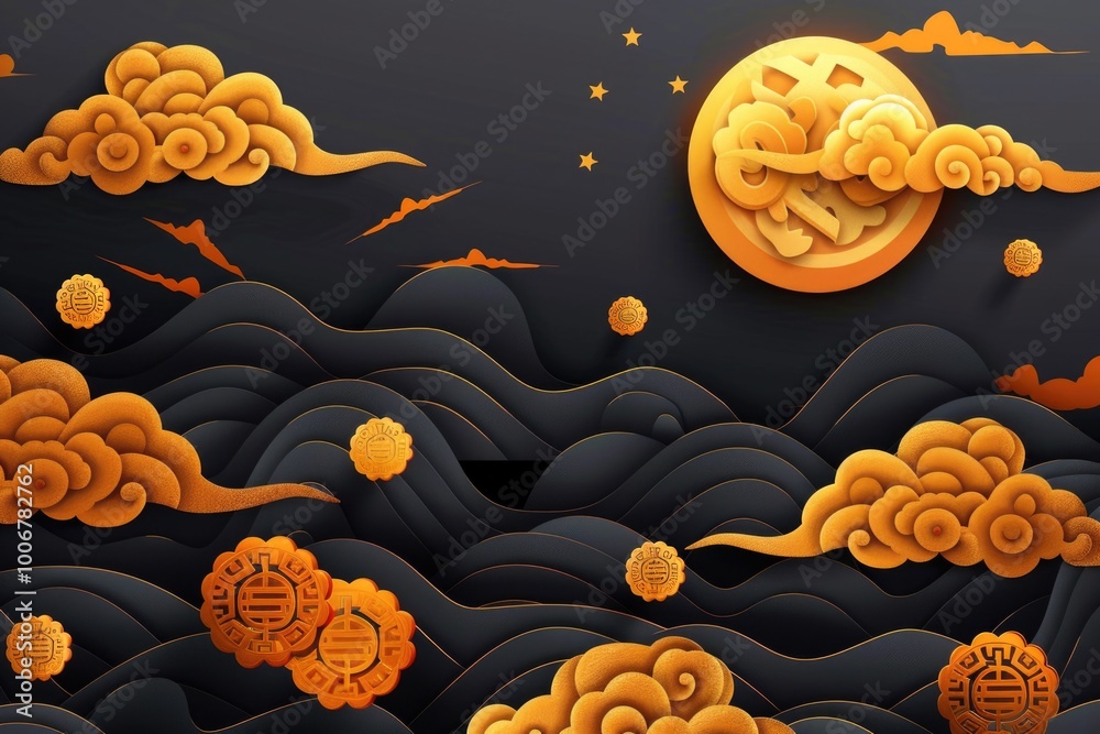 Poster a serene depiction of a full moon shining through the clouds