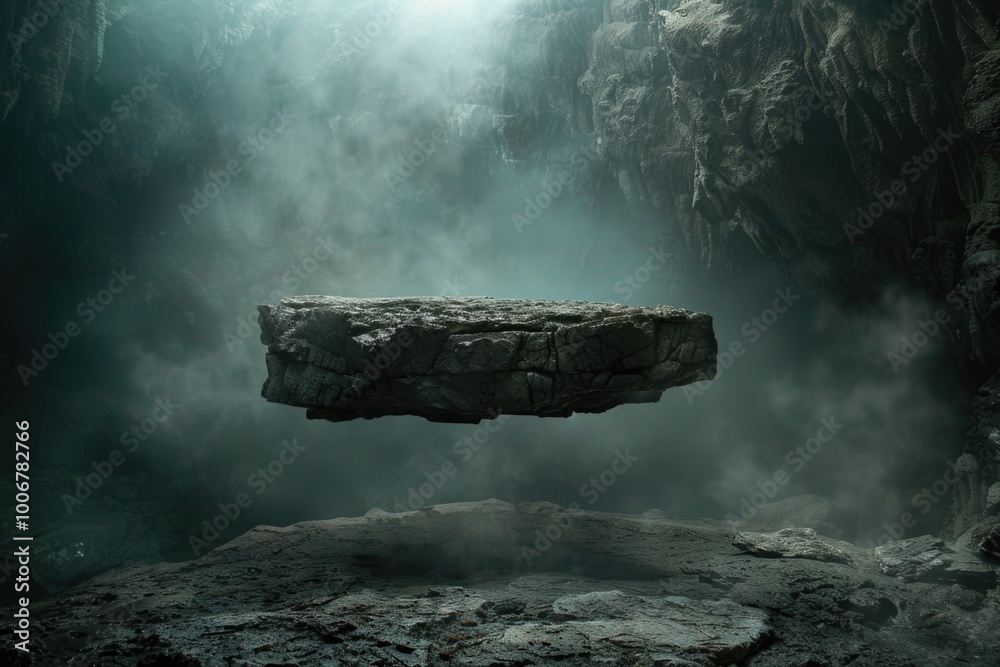 Poster a large rock floats in the middle of a cave, surrounded by darkness