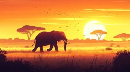 Fototapeta premium A landscape depicting a vast savannah with an elephant at sunset
