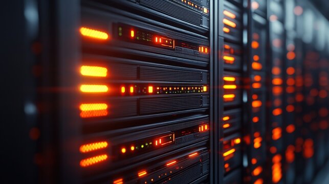 Close-up view of data center racks with illuminated network servers during nighttime, showcasing vibrant LED indicators and backend technology