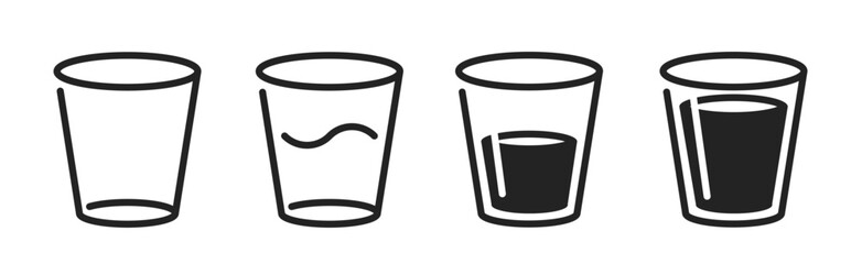 Glass water icon line stroke simple vector graphic set, empty half full drink cup symbol pictogram black white isolated clip art image, beverage alcohol short outline glyph cut out silhouette shape
