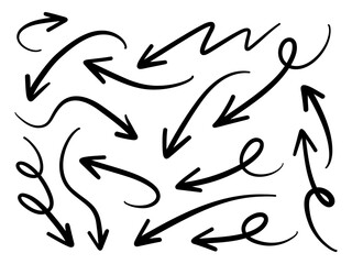 Hand drawn arrows collection Set simple flat arrows isolated on white background. Arrow mark icons and arrow paint. Stock vector. EPS10.