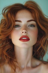 Fototapeta premium A young woman with red hair and freckles gazes directly at the camera, her lips painted a bright red.