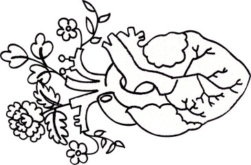 A heart adorned with small flowers, Line art, hand-drawn watercolor illustration