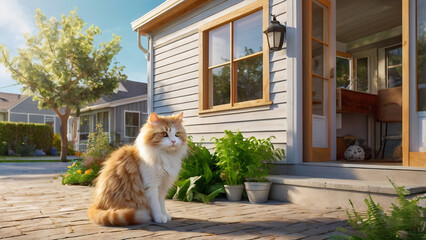 A beautiful fluffy yellow-white cat sits created with generative ai