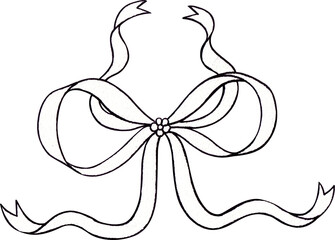 A bow-shaped ribbon in the center adorned with flowers and gracefully flowing ends, Line art hand-drawn  illustration