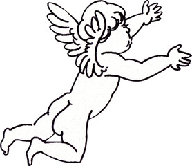 Cupid is flying while extending both arms forward, line art, hand-drawn line art illustration