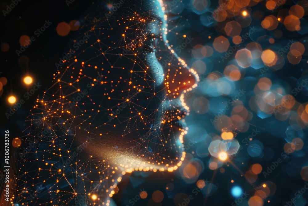 Poster a close-up of a man's face with glowing dots or sparks visible behind him, perfect for futuristic or