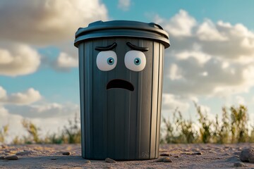 3D illustration of sad face trash can full of garbage
