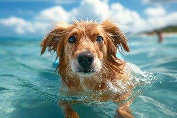 close-up, front shot of a dog surfing in a pristine crystal clear beach