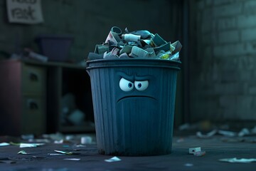 3D illustration of angry face trash can full of garbage