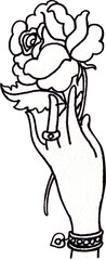 A slender hand is holding a beautifully blooming rose flower, Line art, hand-drawn line art  illustration