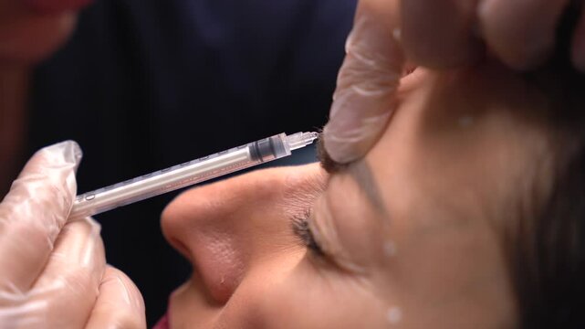 Beautician doctor makes botulinum toxin injection in the forehead of young beautiful woman. Close up 4k vertical shot