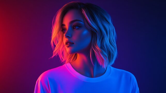 A woman with stylish blonde hair poses under vibrant blue and pink lighting in a creative studio at dusk, showcasing a modern and artistic ambiance