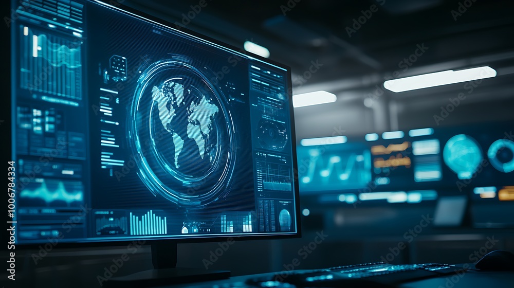 Poster Control Desk Edge with Energy Data Screen in Background
