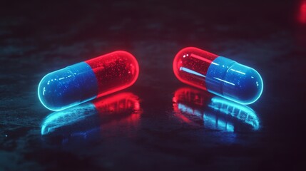 A futuristic depiction of glowing red and blue capsules epitomizes scientific progress and modern medicine.