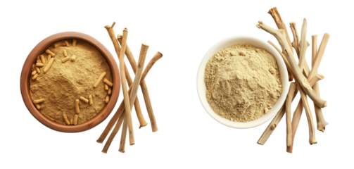 Bowl of powder and sticks of ashwagandha Top View isolated on a transparent background, Cutout PNG