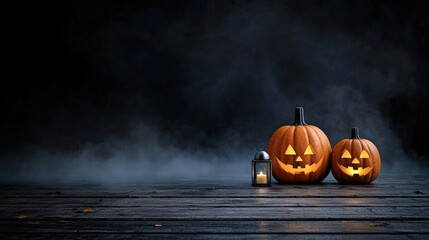 Two glowing jack-o'-lanterns on a dark wooden surface with mist.