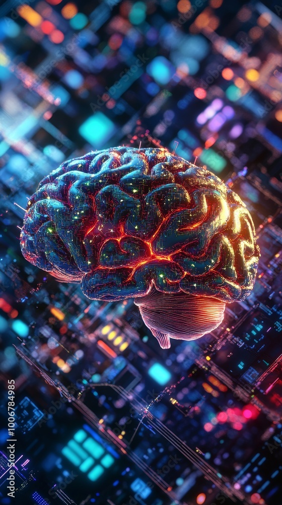 Fototapete futuristic 3d rendering of a brain with digital circuit design, technology innovation concept