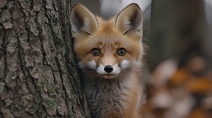 Obraz premium Adorable Red Fox Kit Peeking from Behind Tree in Forest